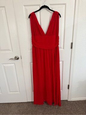 Ever-Pretty XL Red Chiffon Maxi Dress Deep V Neck Ruched Formal Gown Sleeveless